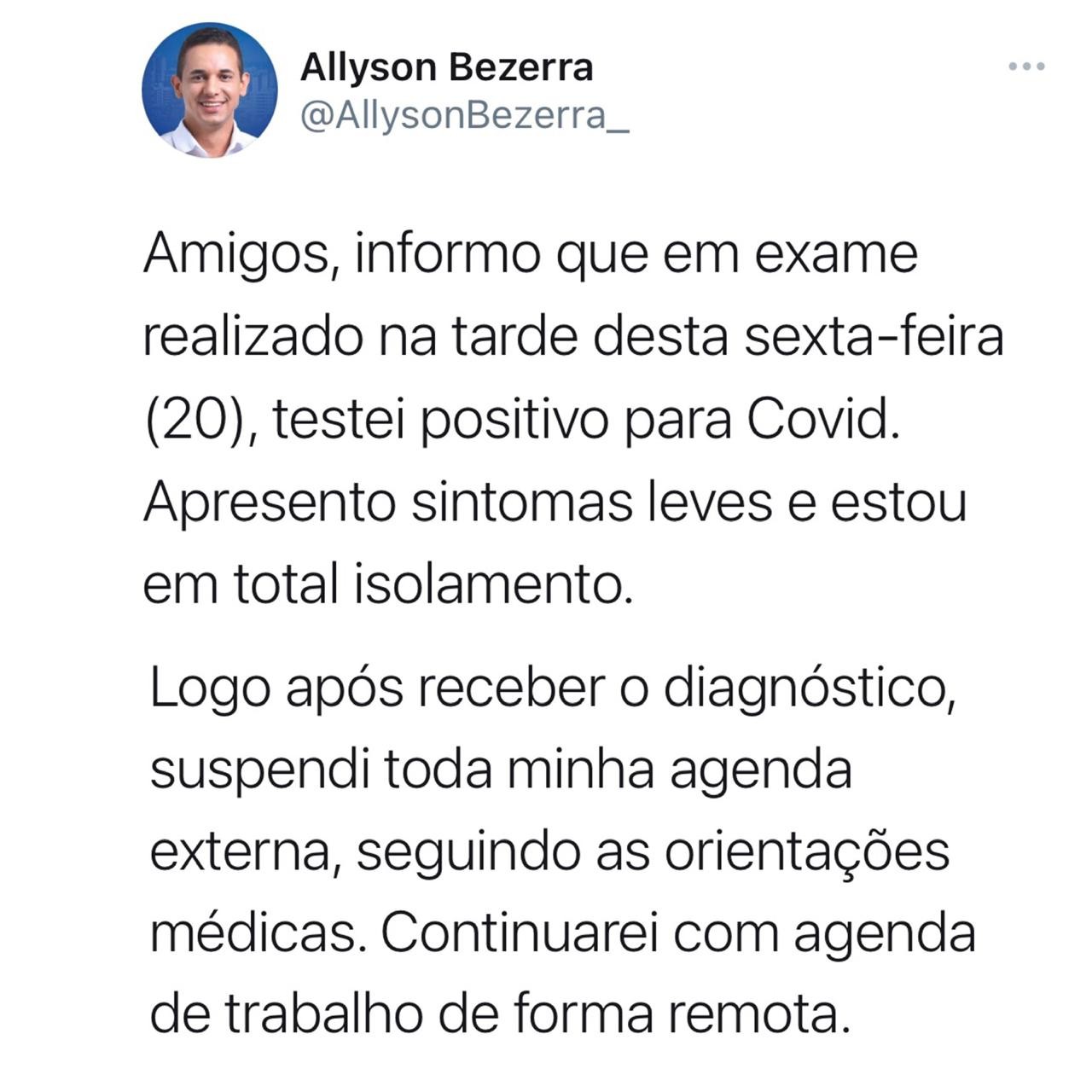 Prefeito eleito de Mossoró, Allyson Bezerra testa positivo para Covid-19