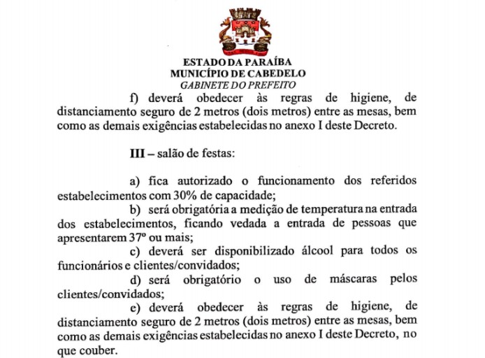 Eventos privados podem acontecer com 30% da capacidade de público em Cabedelo, na PB