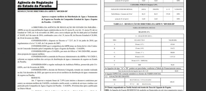 Tarifa de água sofre reajuste e fica 7,19% mais cara na Paraíba