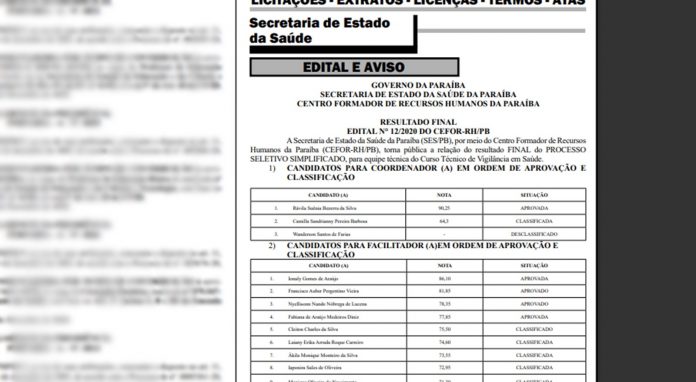 Resultado da seleção de equipe para curso técnico de vigilância em saúde da SES-PB é divulgado
