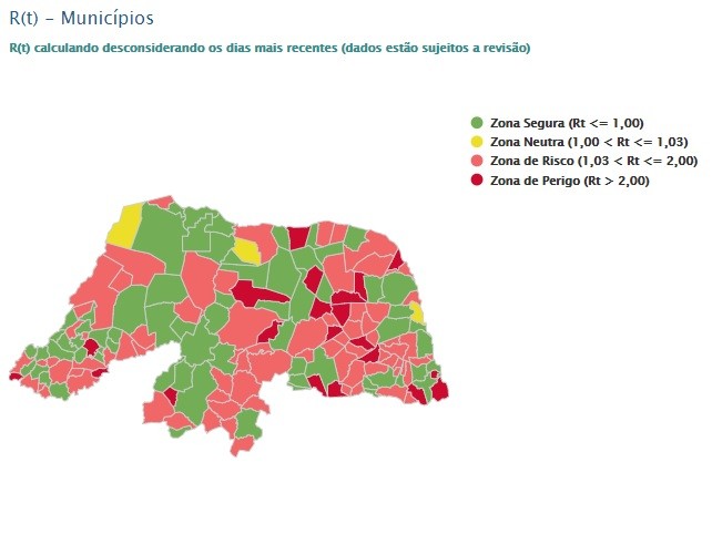 RN tem 97 cidades com taxa de transmissão para Covid-19 em zonas de ‘risco’ ou ‘perigo’