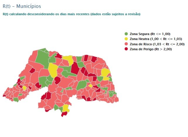 RN tem 131 municípios com taxa de transmissão da Covid-19 em zonas de ‘risco’ ou ‘perigo’