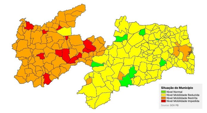 Coronavírus: Paraíba tem 12 cidades em bandeira vermelha e 82 em bandeira laranja