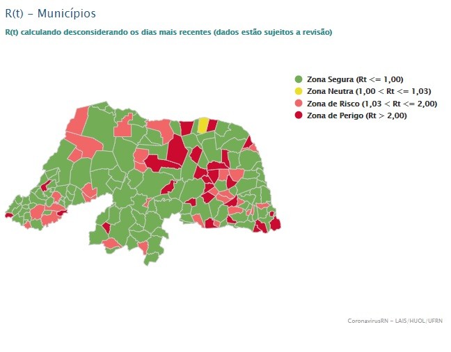 57 cidades do RN estão com taxa de transmissão para Covid-19 em zonas de ‘risco’ ou ‘perigo’
