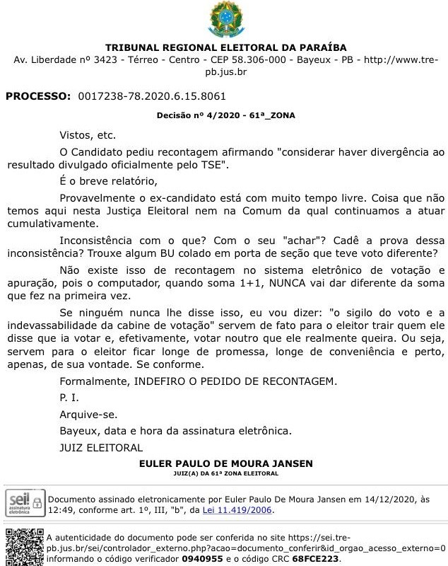 Juiz dá bronca em candidato que pediu recontagem de votos em Bayeux, na PB: ‘Se conforme’