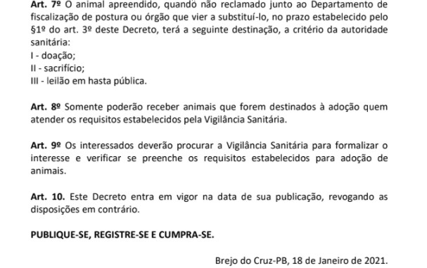 Decreto autoriza sacrifício de animais soltos ou abandonados em Brejo do Cruz, no Sertão da PB