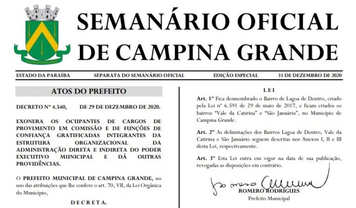 Prefeitura de Campina Grande exonera todos os servidores em cargos comissionados