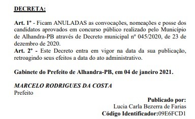 Prefeito de Alhandra, PB, anula decreto de ex-gestor que convocava aprovados em concurso de 2016