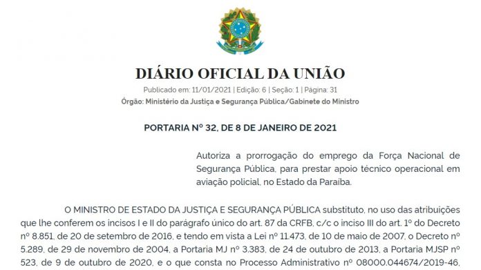 Ministro da Justiça prorroga o emprego da Força Nacional no apoio na Paraíba até julho