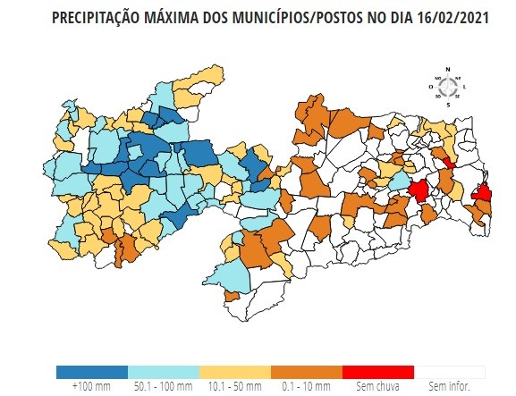 Paraíba tem 14 cidades que registraram mais de 100 milímetros de chuva nas últimas 24 horas