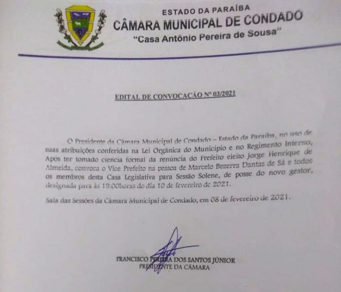 Prefeito de Condado, na PB, renuncia cargo com 39 dias de mandato