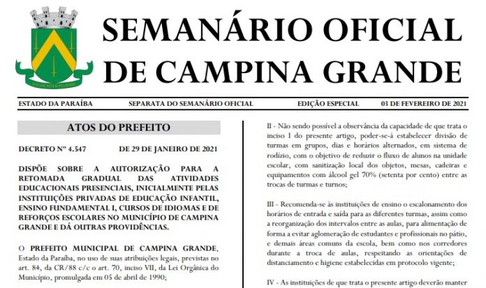 Decreto autoriza volta de aulas presenciais em escolas particulares de Campina Grande