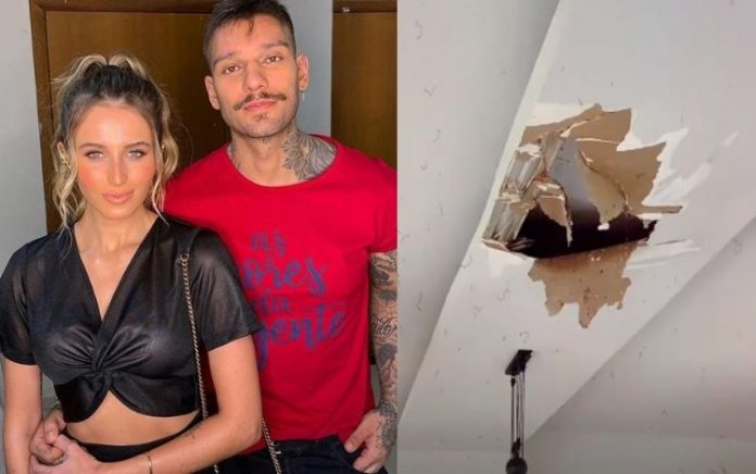 Com buraco no teto, casa de Lucas Lucco e Lorena Carvalho enche de água: ‘Uma piscina’