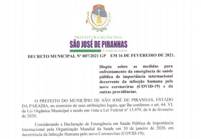 Coronavírus: prefeito de São José de Piranhas, PB, fecha serviços não essenciais