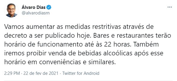 Prefeito de Natal anuncia fechamento de bares e restaurantes às 22h e proibição de música ao vivo