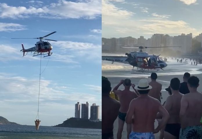 Helicóptero dos bombeiros resgata banhistas que se afogavam no Guarujá; veja vídeo