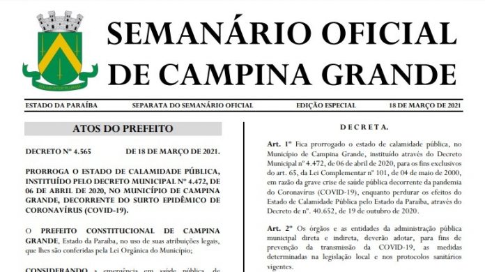 Prefeitura de Campina Grande renova decreto de calamidade pública por causa da pandemia