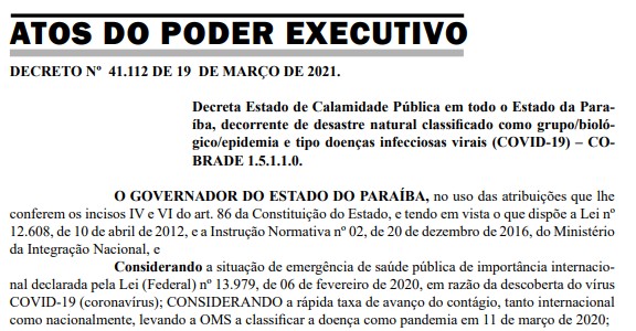 Um ano de calamidade pública: Governo da Paraíba renova decreto por causa da pandemia