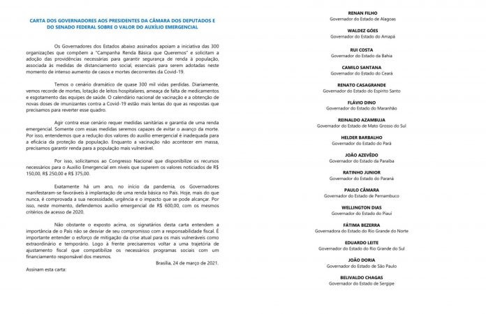Governadores de 16 estados assinam carta à Câmara e Senado pedindo volta de R$ 600 no auxílio emergencial