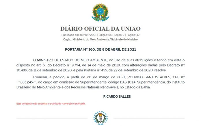 Ministério do Meio Ambiente publica exoneração de chefias do Ibama na Bahia, Amazonas, Tocantins e Paraíba