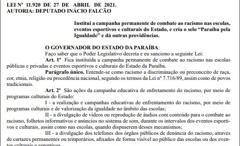 Lei institui campanha permanente de combate ao racismo nas escolas,
eventos esportivos e culturais da PB
