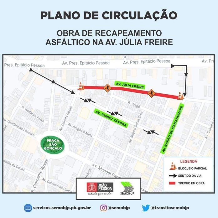 Trecho da Avenida Júlia Freire tem interdição parcial para obra de recapeamento, em João Pessoa