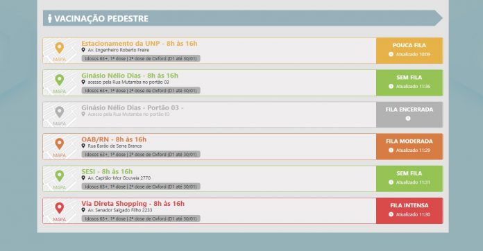 Natal lança plataforma que informa situação das filas nos pontos de vacinação contra a Covid-19
