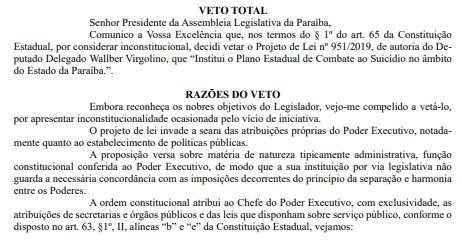 Projeto de lei que institui plano de combate ao suicídio é vetado na Paraíba