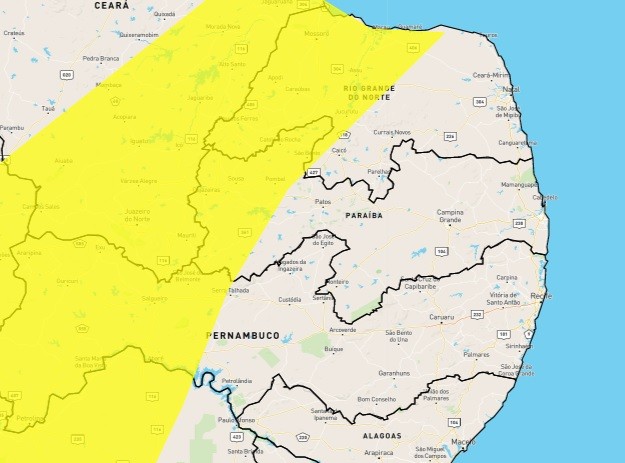 Alerta de perigo de chuvas intensas é emitido pelo Inmet para 61 cidades da Paraíba