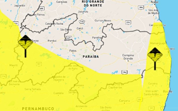 Inmet emite dois alertas com perigo de chuvas intensas para João Pessoa e mais 114 cidades da PB