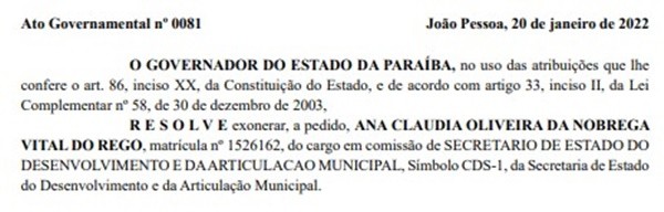 Governador da PB exonera Ana Cláudia Vital da Secretaria de Desenvolvimento e da Articulação Municipal