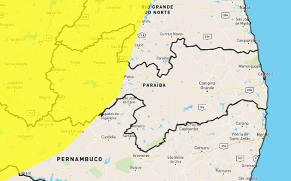 Alerta de perigo de chuvas intensas é emitido pelo Inmet para 74 cidades da Paraíba