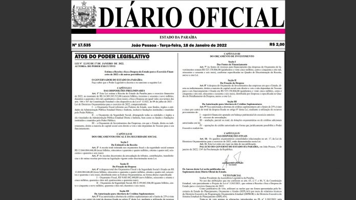 LOA 2022 com orçamento de R$ 14,3 bilhões, aprovada pela ALPB, é sancionada com veto