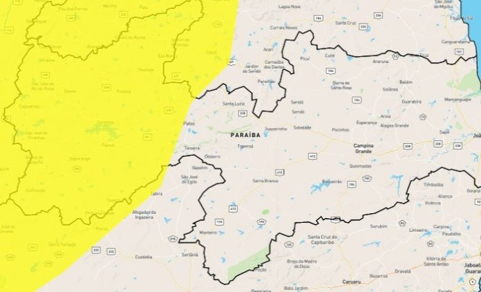 Alerta amarelo de chuvas intensas é emitido pelo Inmet para 76 municípios da Paraíba; veja lista