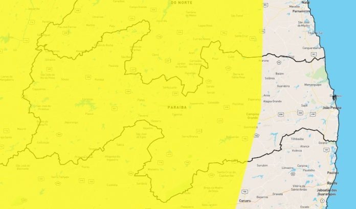 Inmet emite alerta amarelo de perigo potencial de chuvas intensas para 158 municípios da Paraíba