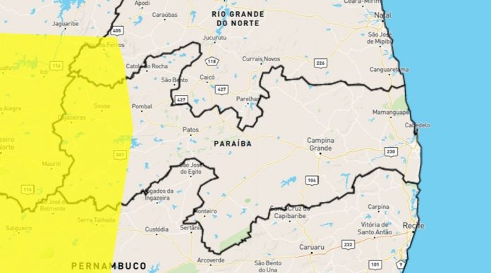 Inmet alerta para perigo potencial de chuvas intensas em 49 municípios da Paraíba