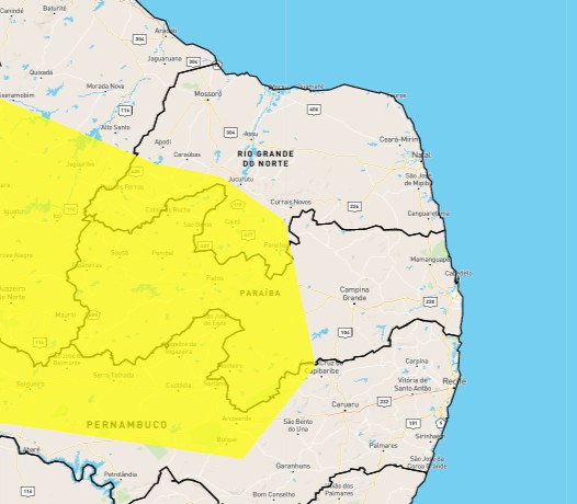 Inmet emite alerta amarelo de perigo potencial de chuvas para mais de 100 cidades da Paraíba