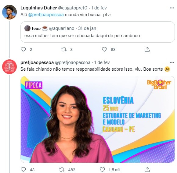 Origem de Eslovênia do BBB22 gera ‘embate’ entre PB e PE na web, e prefeitura de João Pessoa brinca: ‘não temos responsabilidade’