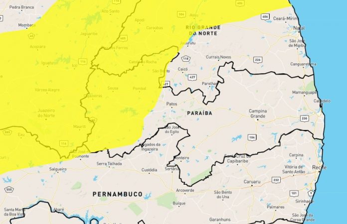 Alerta com perigo potencial de chuvas intensas é emitido pelo Inmet para quase 70 cidades da PB