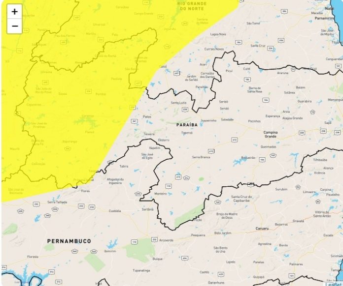 Inmet emite alerta para perigo de chuvas intensas em 73 cidades do Sertão da Paraíba; veja quais