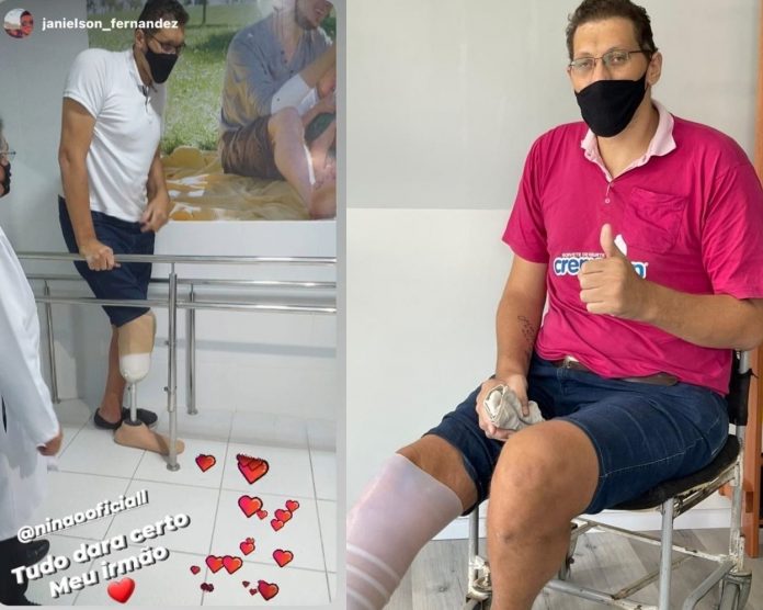Homem mais alto do Brasil faz primeira prova de prótese da perna e comenta esperança de ‘sair andando’
