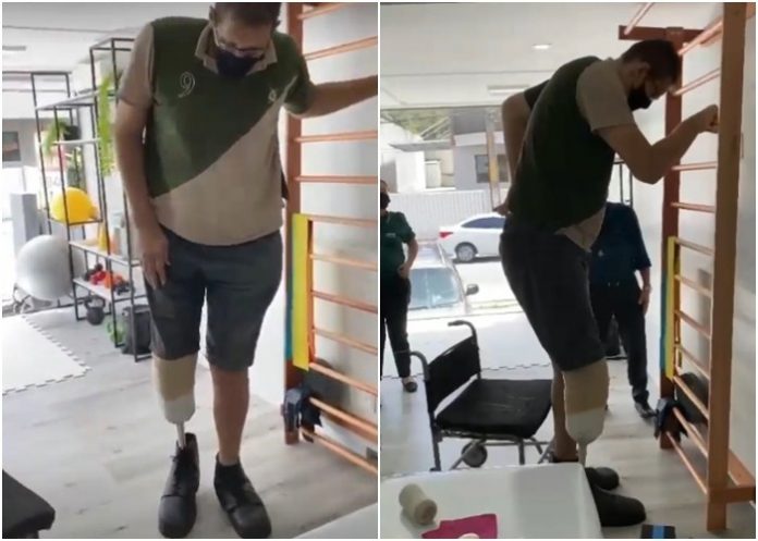 Homem mais alto do Brasil fica em pé pela primeira vez com prótese da perna: ‘o gigante tem que se reabilitar’