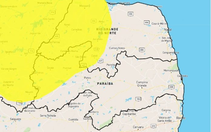Inmet emite dois alertas de chuvas intensas e de acumulado para 70 cidades da Paraíba