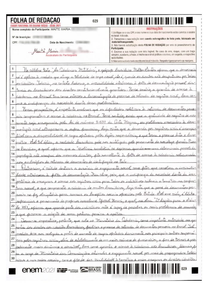 Leia exemplo de redação nota mil do Enem 2021 de candidata da Paraíba