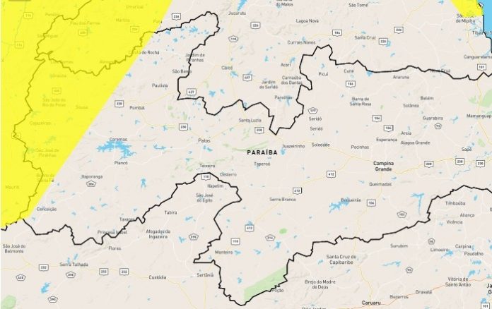 Inmet emite alerta amarelo de perigo potencial de chuvas intensas para 34 cidades da PB