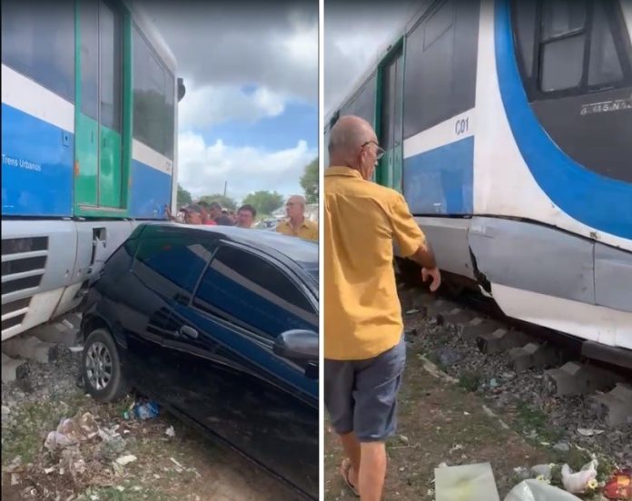 VLT atinge automóvel que estava estacionado em linha férrea na Zona Oeste de Natal