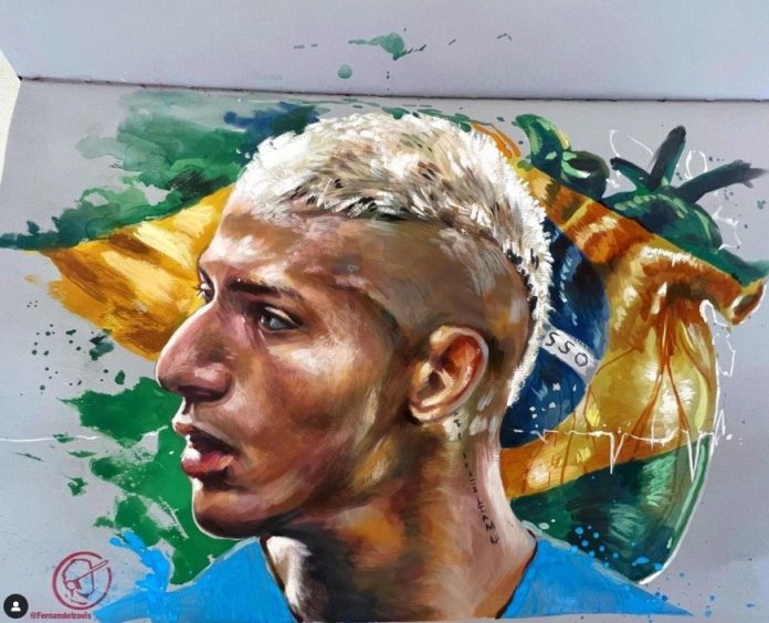 Ilustrador potiguar faz desenhos de jogadores da Seleção Brasileira e Richarlison reposta arte nas redes sociais