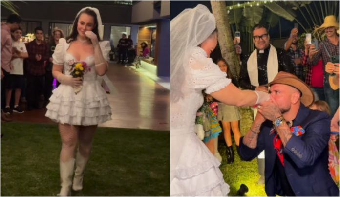 Paolla Oliveira e Diogo Nogueira ‘se casam’ durante arraial julino