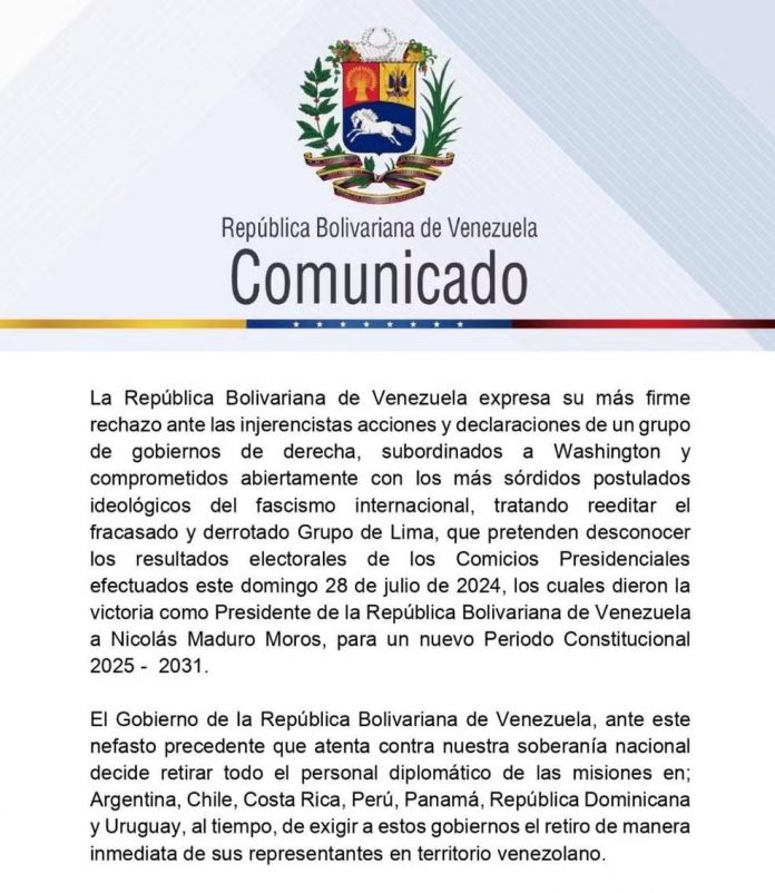 Governo Maduro expulsa embaixadores e diplomatas de 7 países que contestaram resultado das eleições