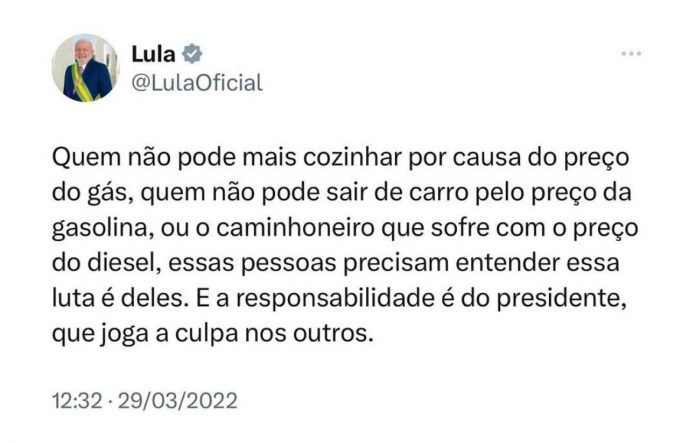 LULA: “quem não puder cozinhar com gás ou sair de carro, cobre do Presidente, a responsabilidade é dele”